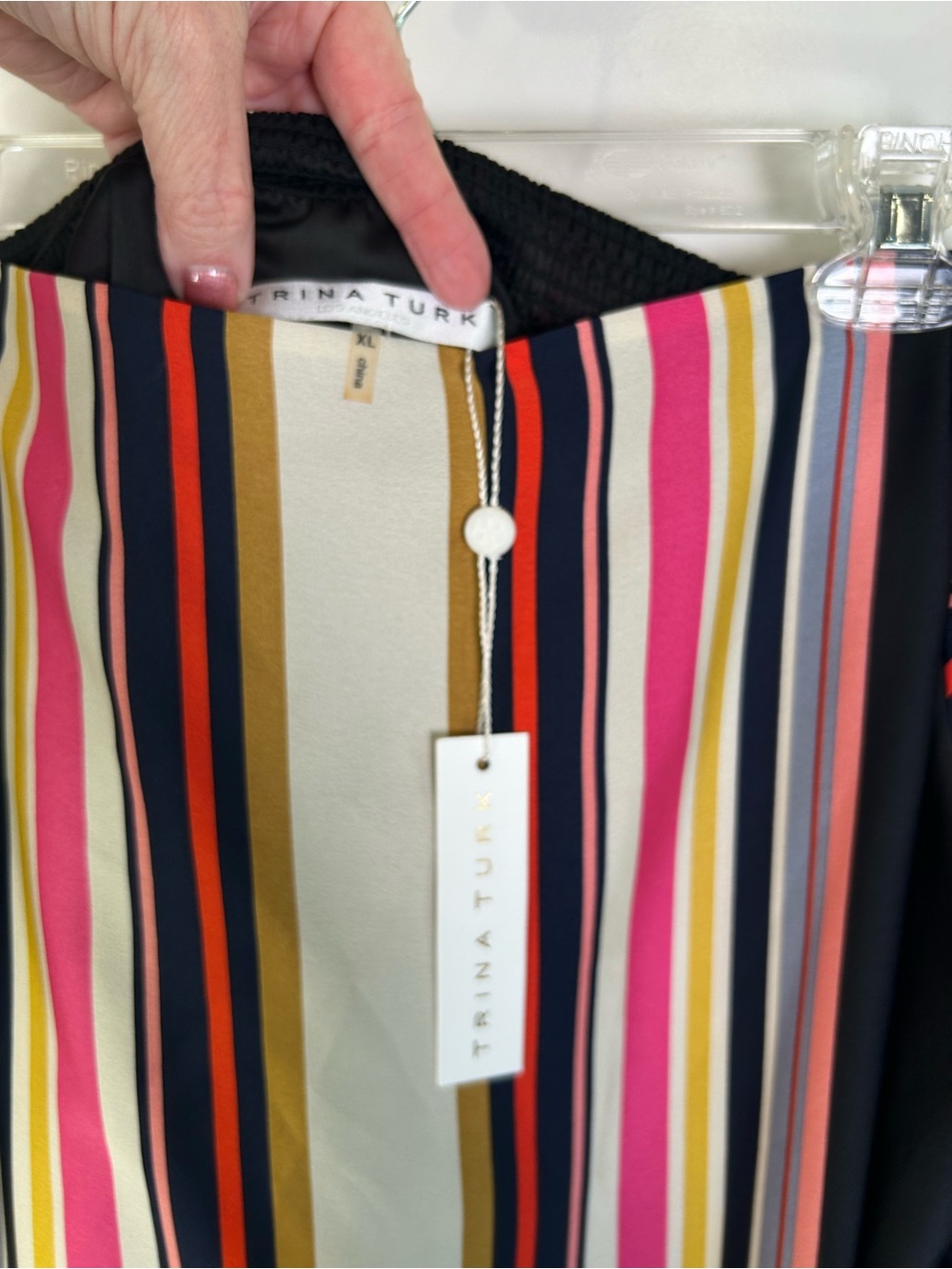 Trina Turk Multicolor Striped Off-Shoulder Theodora Silk Dress in Pink/Navy NWT - Picture 7 of 11